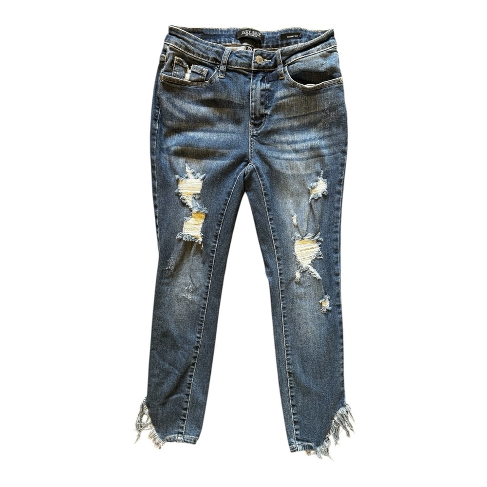 Judy Blue Skinny Fit Jeans Distressed with Asymmetrical Chewed Ankles  Size 7/28